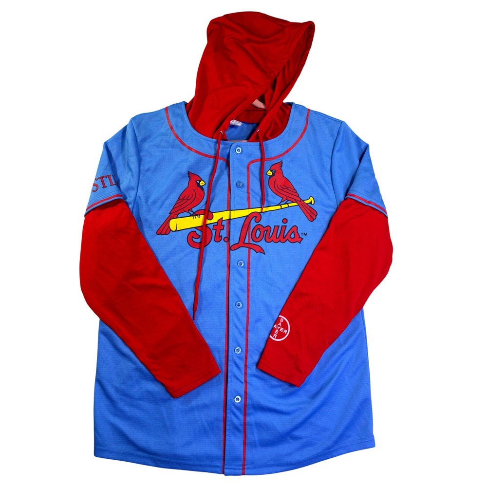 St Louis Cardinals MLB Baseball Jersey Hoodie Blue Red Mens Medium Bayer Patch
